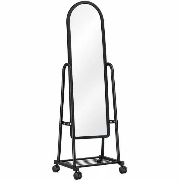 Black full-length dressing mirror with wheels and shoe rack