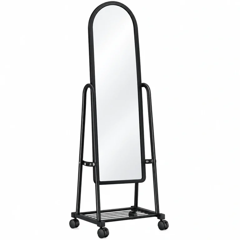 Black full-length dressing mirror with wheels and shoe rack