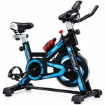 Cardio spin bike machine with red and blue accents