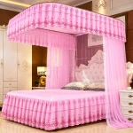 Luxury pink bed canopy mosquito net with decorative ruffle design