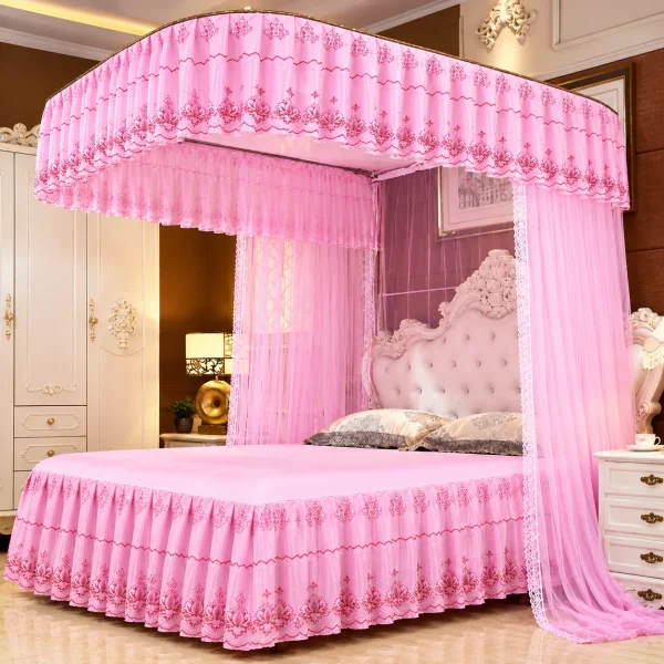 Luxury pink bed canopy mosquito net with decorative ruffle design