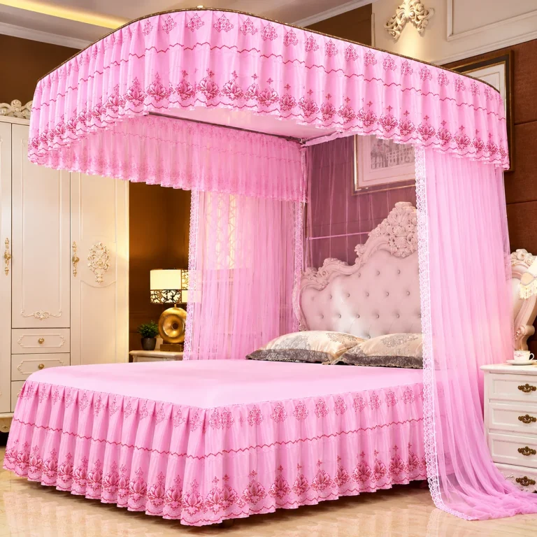 Luxury pink bed canopy mosquito net with decorative ruffle design